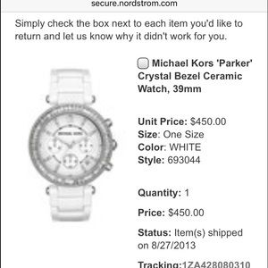 Proof of Michael Kors Watch bought at Nordstroms