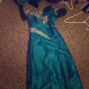 Long blue satin gown