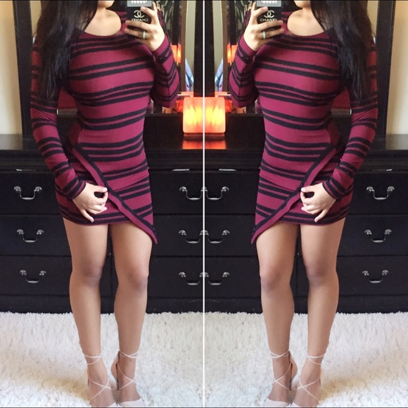 Maroon Polyester Stripped Bodycon Dress