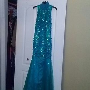 Long mermaid embellished hi-low prom dress