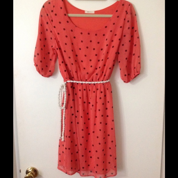 SOLD: Coral color dress with black polka dots - Picture 1 of 2