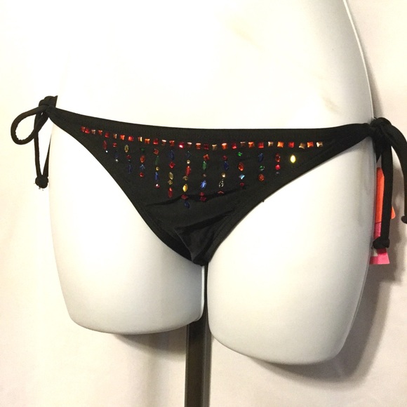 XHILARATION Black Rhinestone Tie Bikini Bottoms - Picture 1 of 4