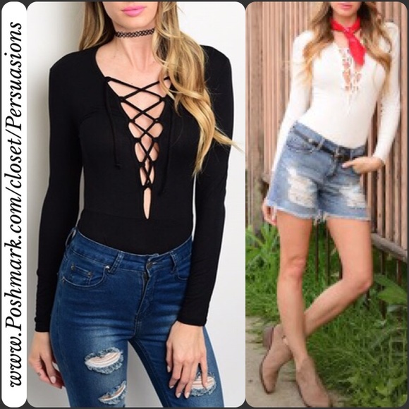 SOLD OUT✨Black Lace Up Plunging Neckline Bodysuit - Picture 3 of 4
