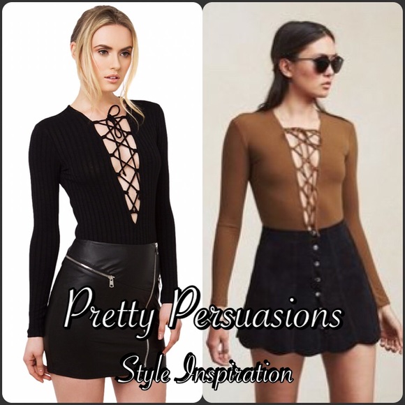 SOLD OUT✨Black Lace Up Plunging Neckline Bodysuit - Picture 4 of 4
