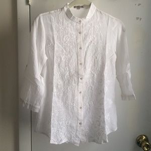 Silk Blend 3/4 Sleeve Embroidered Blouse