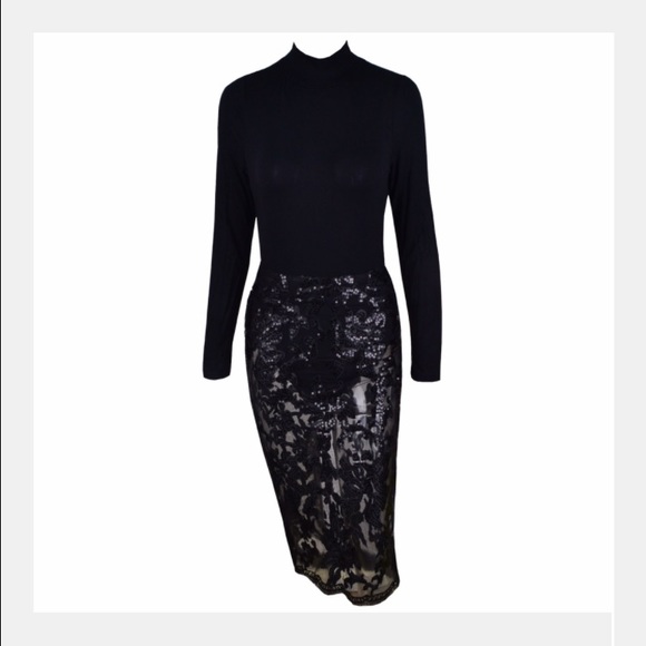 Long sleeve black dress with floral mesh skirt
