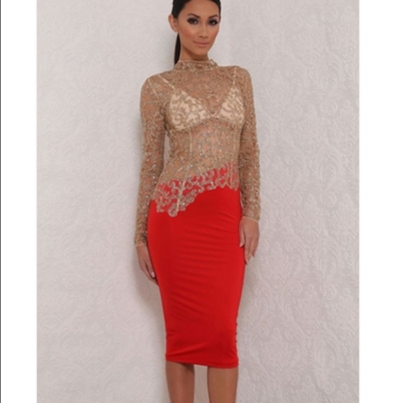 Red Beige Glitter Long Sleeve dress