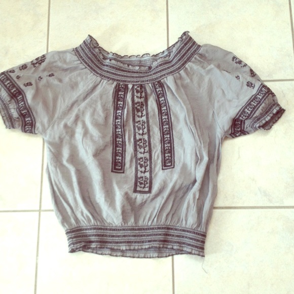 Ya Tops - Gray Embroidered Peasant Top