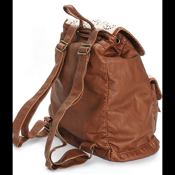 Cognac Brown Rucksack Backpack w Crochet Trim - Picture 2 of 4