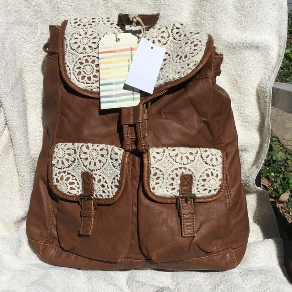 Cognac Brown Rucksack Backpack w Crochet Trim - Picture 3 of 4