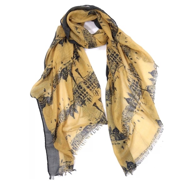 Boutique Accessories - B19 Mustard Yellow City Street Architecture Scarf