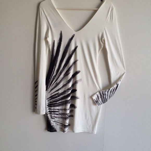 Bebe White with black feather dress