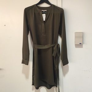 Army green silk slip dress. Banana Republic