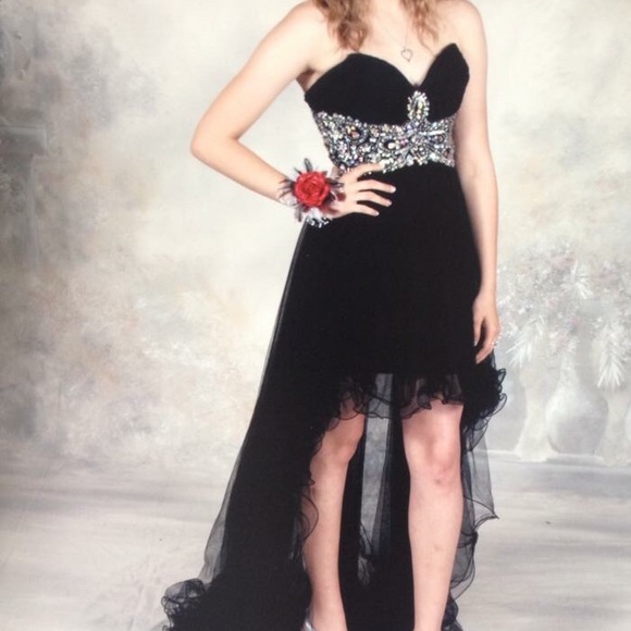 Black, strapless, size small high-low formal dress