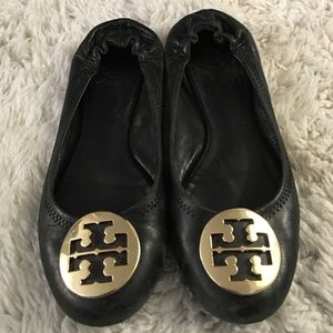 Tory Burch Black Reva Flat with Gold Emblem