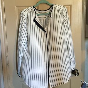 LOFT:White & Navy Blue Collarless "Henley" Blouse