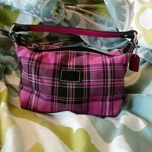 Coach hot pink and black plaid baguette bag