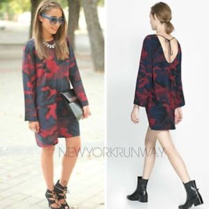 Red and navy camo print dress