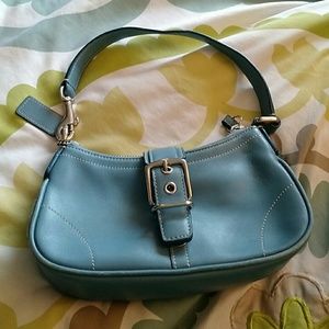 Coach blue leather buckle flap demi baguette
