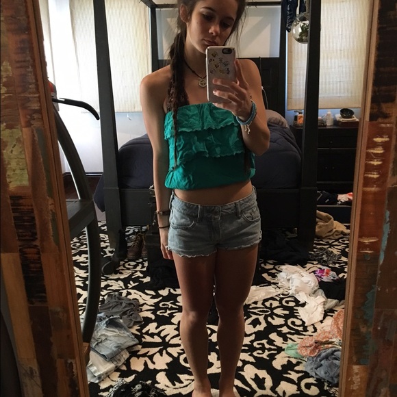 Teal ruffle strapless top