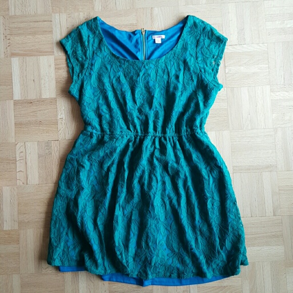 Green & Blue (Teal?) Lace Overlay Skater Dress