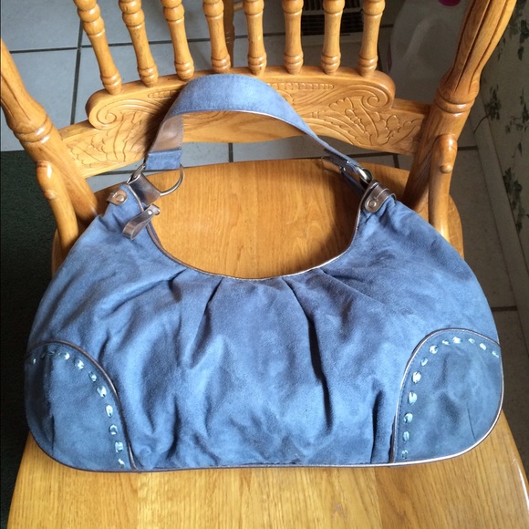 Blue Faux Suede Purse With Silver And Ribbon Trim