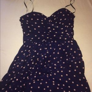 Strapless blue and pink polka dot ruffle dress