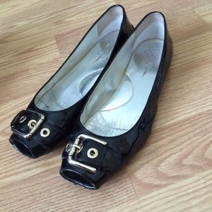 Jessica Simpson patent leather buckle peeptoe flat