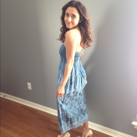 Blue dress, long. Floral. Small