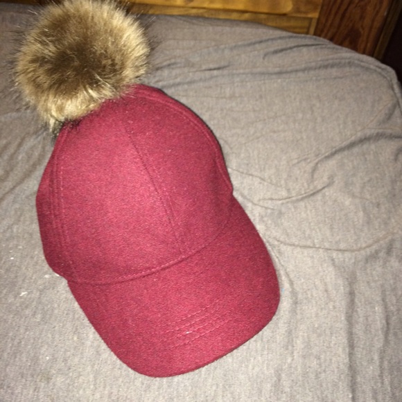 Maroon Cap with Fur Puff Ball