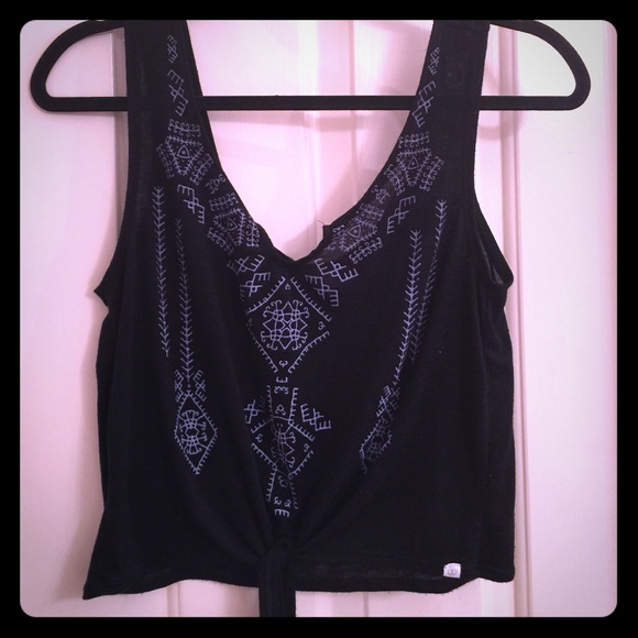 Black crop top with tie. light blue design