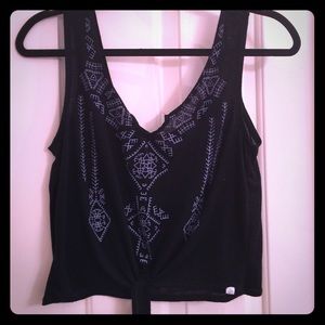 Black crop top with tie. light blue design