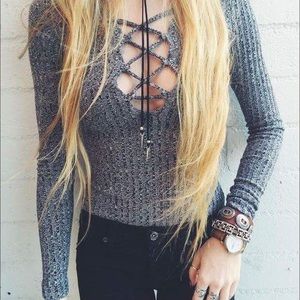 LF lace up Grey freckled bodysuit - new wo tags