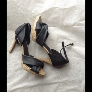Black Open Toe Wood Heel