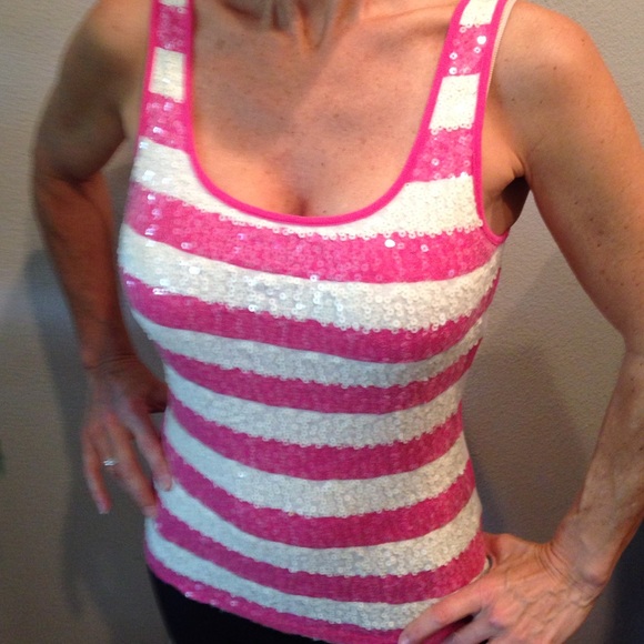 pink and white stripped sequence tank top