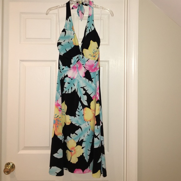 Tropical floral print halter cocktail dress
