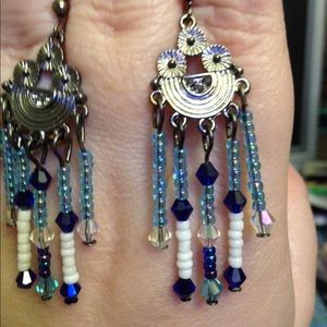 Hand beaded earrings with seed beads & crystal