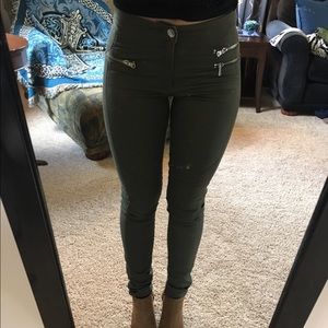 Olive Green Paneled High Waisted Pants