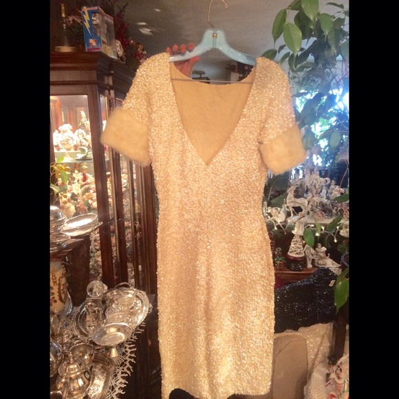 Gene Shelly Hand Beaded Dress with Mink Sleeves - Picture 2 of 3