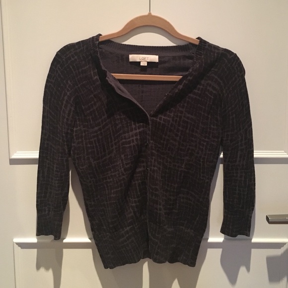 Loft 3/4 Sleeve Black Printed Button-Up Cardigan