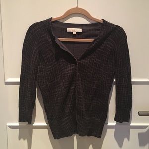 Loft 3/4 Sleeve Black Printed Button-Up Cardigan