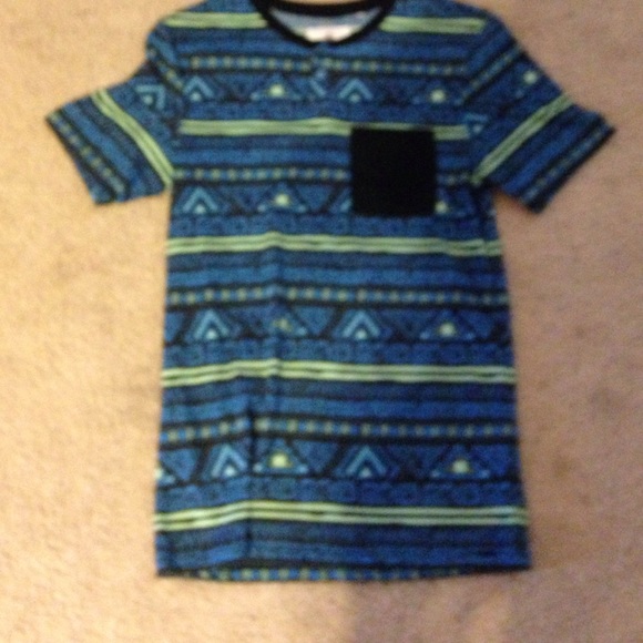 blue,green,and black with button at top shirt