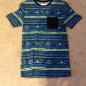 blue,green,and black with button at top shirt