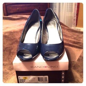 Blue patent peep toe wedge