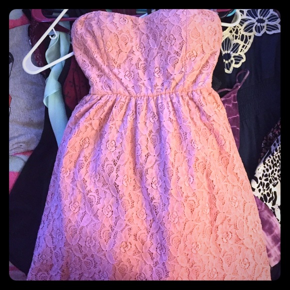 Pink Strapless Flower Lace Dress