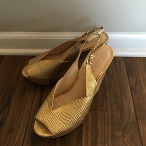 Jessica Simpson Gold Corked Wedges