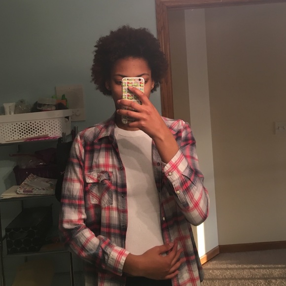 pink plaid button down