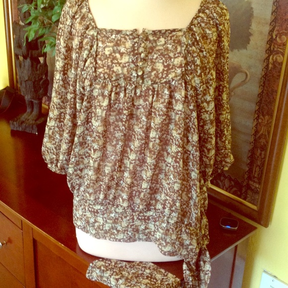 Sheer Earth Tones Bohemian Floral Blouse - Picture 1 of 4