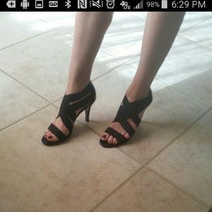 Black stretch strappy heels