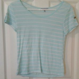 Baby blue stripped shirt.